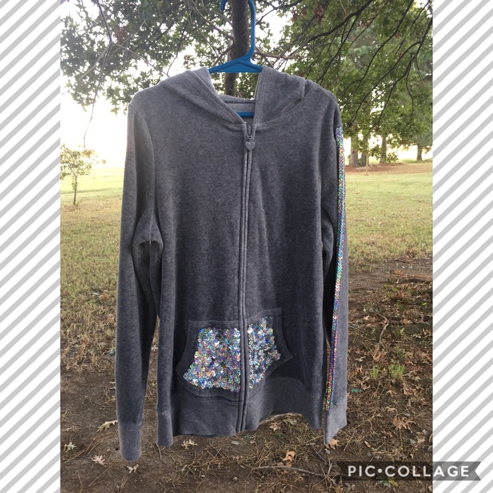 Justice girls size 10 sequin hoodie gray pockets